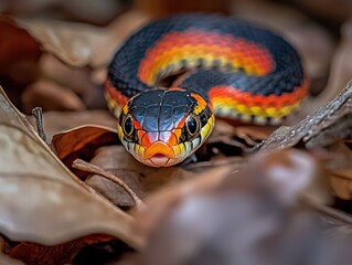 Fototapeta premium Wildlife photography coral snake slithering through vibrant dried leaves close-up