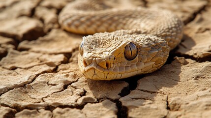 Obraz premium Desert horned viper close-up in cracked earth and sandy beige habitat