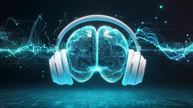 A tech-inspired brain design with holographic circuits in bright cyan, wrapped in modern white headphones. Music background concept.