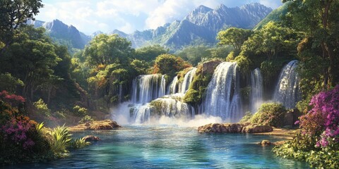 Fototapeta premium Majestic waterfalls featuring crystal clear water flow gracefully through the lush green forest, creating a serene environment that highlights the beauty of nature s waterfalls.