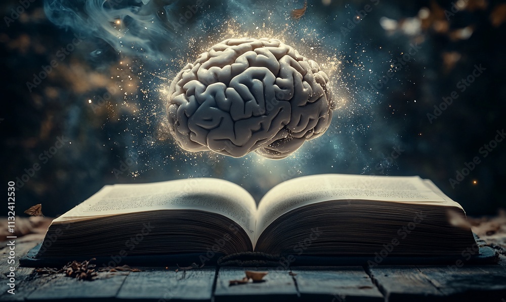Aufkleber An open book with a floating brain above, symbolizing knowledge and creativity.