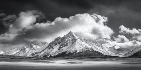 Obraz premium Stunning black and white panorama showcasing majestic snow capped mountain peaks under a captivating sky filled with clouds on a windy day. Experience the beauty of high mountain scenery in winter.