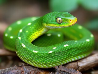 Fototapeta premium Coiled grace a green vine snake in tropical forest wildlife photography