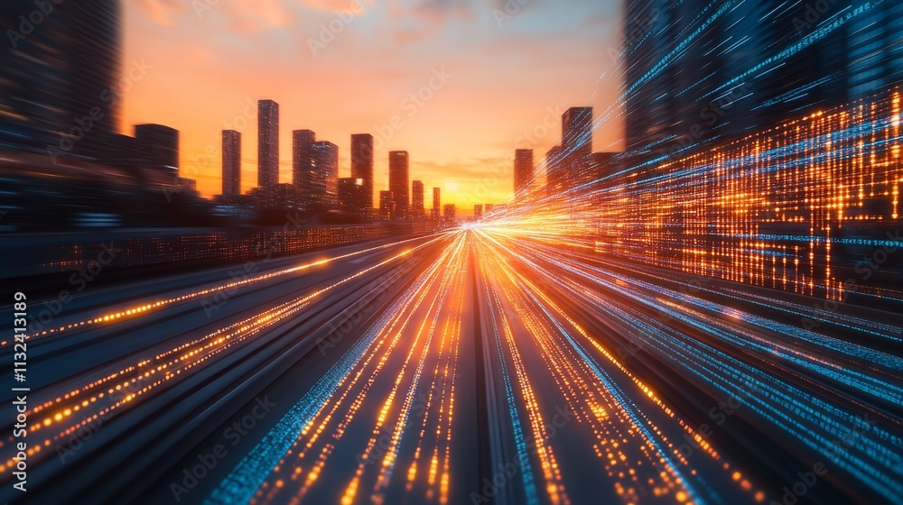 Poster dynamic cityscape at sunset with light trails depicting movement.