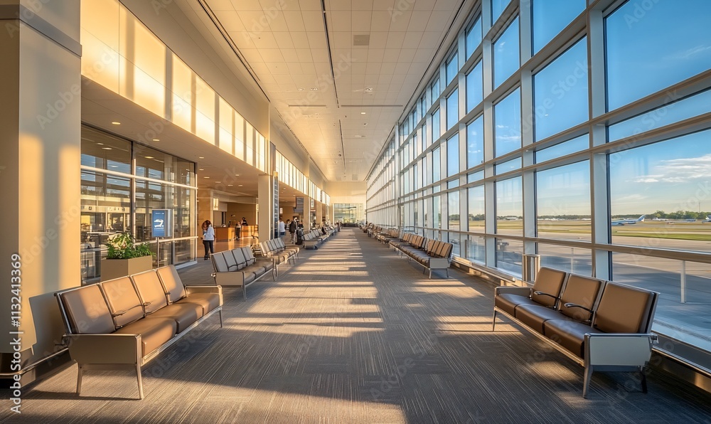 Poster bright airport corridor with seating and large windows showcasing the sky.