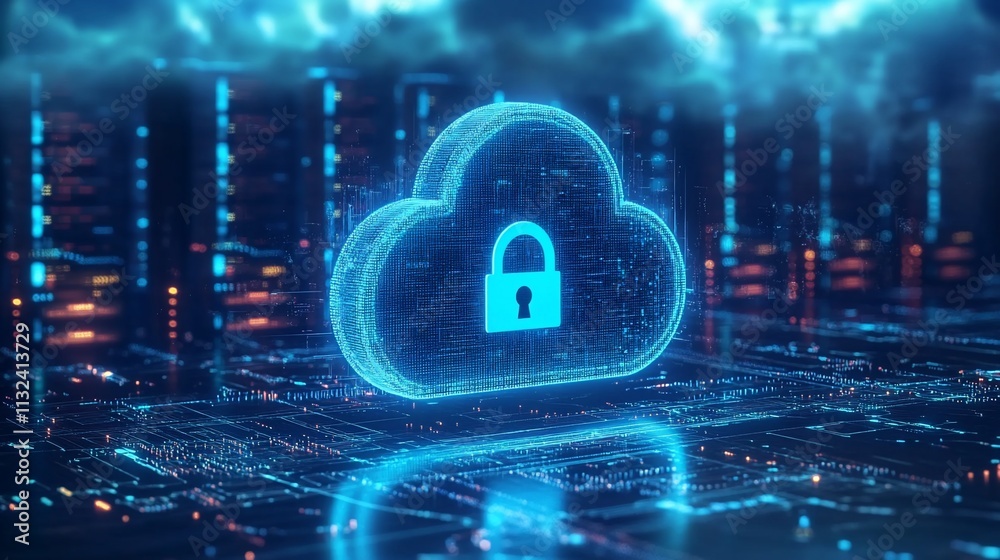Poster Digital cloud with a padlock symbolizing data security and protection.