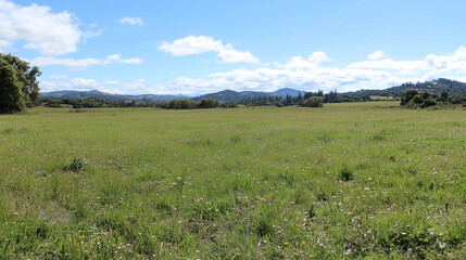 Fototapeta premium Serene Meadow Landscape: Expansive green pasture under a bright blue sky, idyllic rural scenery with distant mountains. Perfect for travel, nature, and real estate projects. 