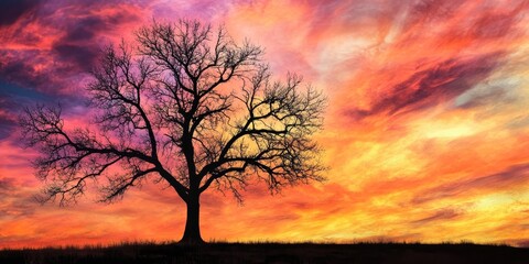 Silhouette of a bare tree stands out against the vibrant colors of the autumn sky, capturing the essence of the season with a striking contrast between the tree and the autumn sky.