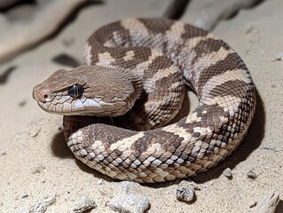 Fototapeta premium Mojave rattlesnake behavior sunbathing in the desert sand captured from ground level
