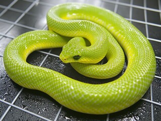 Fototapeta premium Nature in the city close-up of a green snake stretching on glass