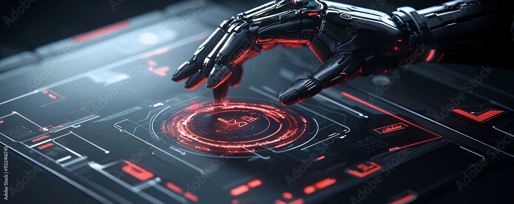 Poster ai robot analyzing a holographic interface with futuristic elements
