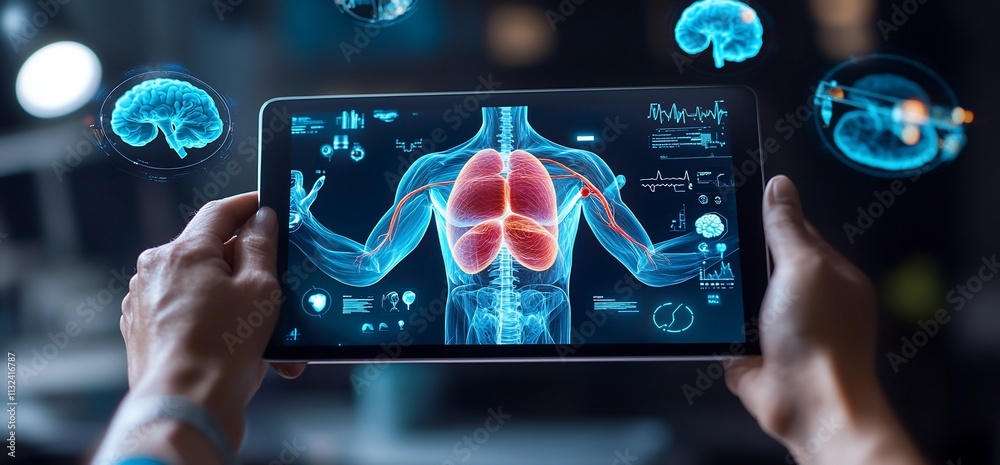 Poster interactive display of human anatomy focusing on lungs and brain.