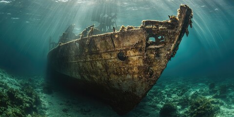 Fototapeta premium The bow of a WWII shipwreck rests submerged in the sea, showcasing the remnants of maritime history. The shipwreck highlights the significance of WWII naval artifacts in underwater exploration.