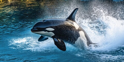 Obraz premium Killer whale Orcinus orca leaps gracefully from vibrant blue water, showcasing its impressive profile in motion, highlighting the beauty and power of the killer whale in its natural habitat.