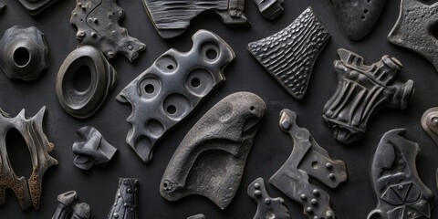 Close up view of intricate shapes and patterns featuring joint parts on a black background, showcasing the detailed design of various joint elements and their unique interplay.