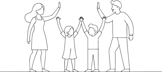 Parents high-fiving their little children in continuous line art drawing style