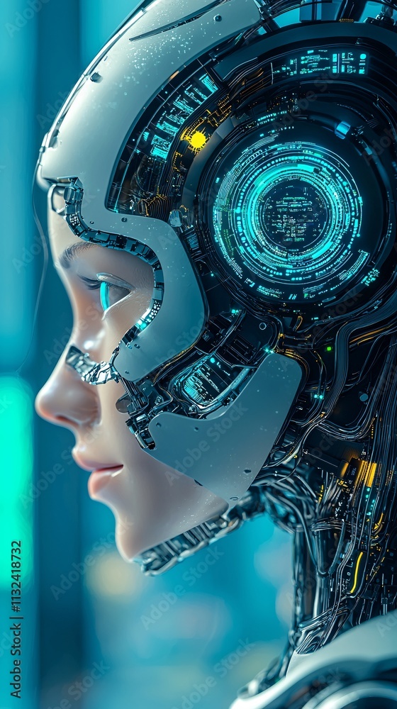 Poster artificial intelligence shaping digital transformation, humanoid robots interacting with data stream