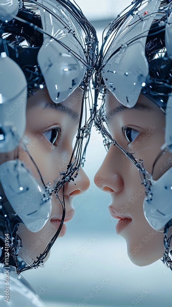 Poster Artificial intelligence shaping digital transformation, humanoid robots interacting with data streams in a hyper-modern lab