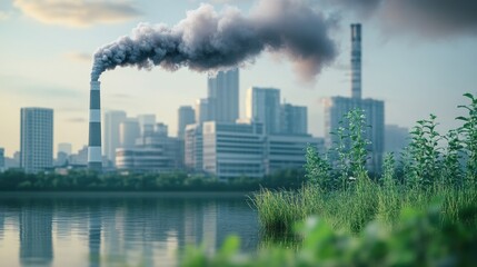 Obraz premium Industrial pollution impact on urban ecology and natural environment