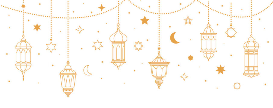 Golden Ramadan arabian lanterns and lamps. Ramadan Kareem Eid Mubarak islam religion holiday vector background with gold line hanging lanterns, muslim crescent moon, arabian lamps and stars garland