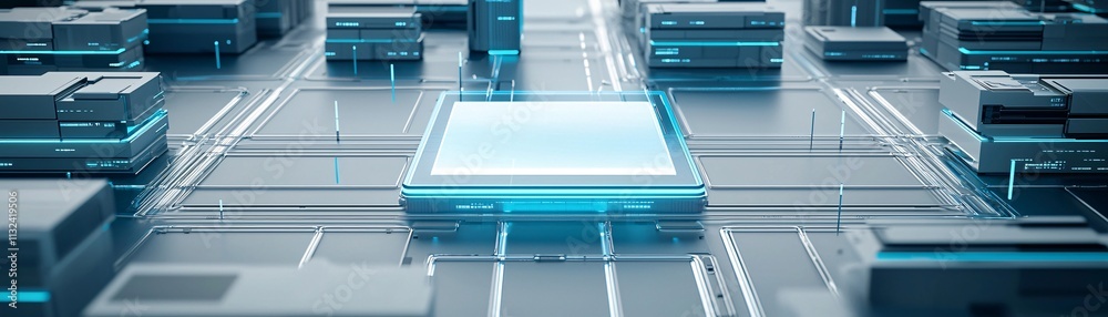Poster Custom technology solutions accelerating digital transformation, a streamlined workflow in an immersive virtual environment