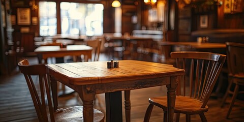 Obraz premium Charming restaurant interior featuring wooden tables and chairs, ideal for dining experiences. The restaurant s cozy ambiance is highlighted through a close up view of the interior, with soft focus