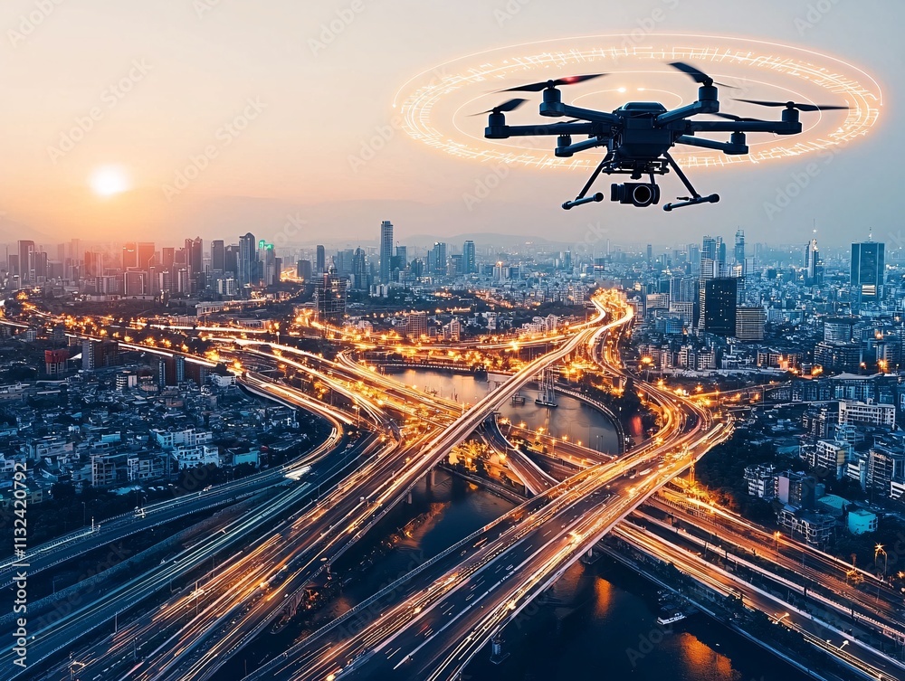 Poster optimization with ai-powered systems, futuristic drones delivering solutions in a high-tech metropol
