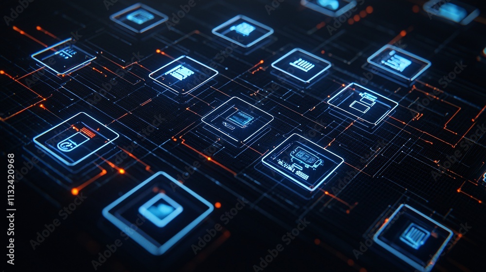 Poster abstract digital interface with glowing futuristic icons representing innovation and transformation 