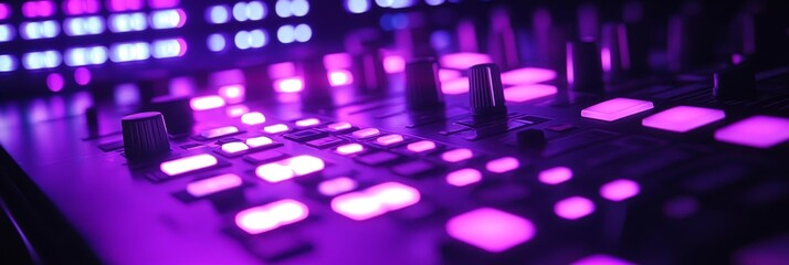 Electronic Music Production A Close-Up View of a DJ Mixer Illuminated in a Vibrant Purple Hue