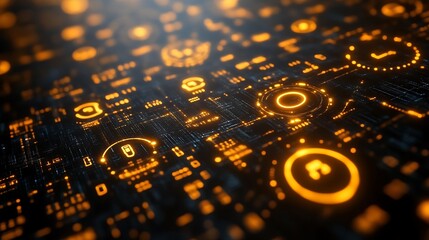 Abstract digital interface with glowing orange HUD elements.