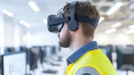 A man wearing a VR headset and headphones, dressed in a yellow safety vest, is immersed in a virtual environment in a tech workspace.