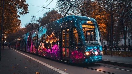 Obraz premium Cosmic Tram: A Nighttime Journey Through City Streets