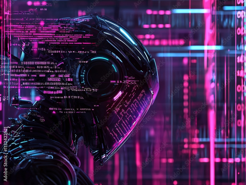 Poster ai-powered innovation represented by a humanoid robot surrounded by binary codes and icons