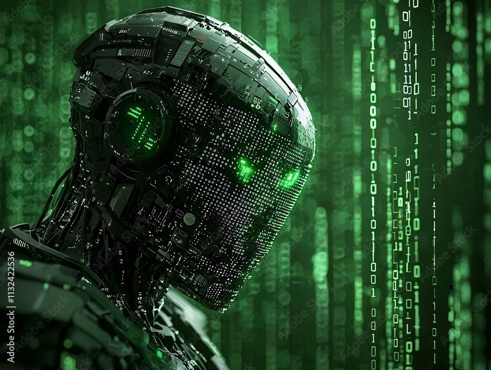 Poster ai-powered innovation represented by a humanoid robot surrounded by binary codes and icons
