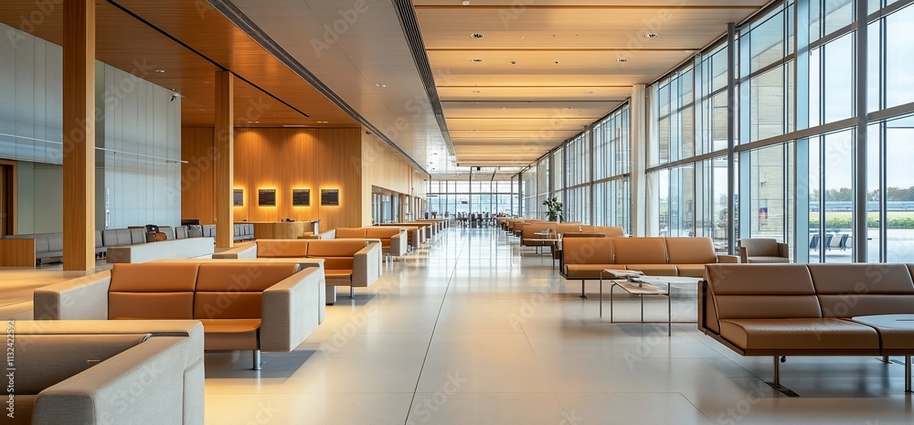 Poster modern waiting area with large windows and comfortable seating.