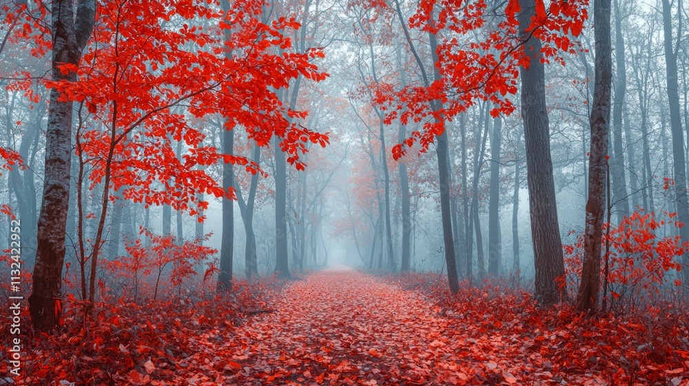 Poster amidst a tranquil autumn forest, brilliant red leaves blanket the pathway as mist softly envelops th