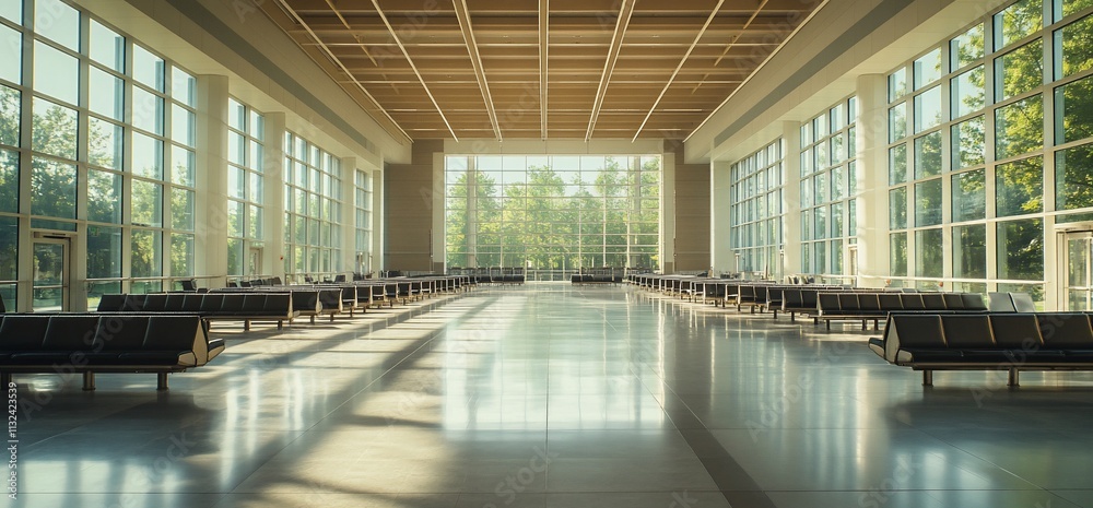Poster spacious waiting area with large windows and natural light.