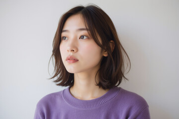 Fototapeta premium Young Asian Woman with Natural Beauty and Soft Expression in Purple Sweater