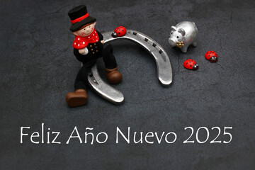 Tarjeta de felicitación de Año Nuevo: deshollinador con herradura y el texto Feliz Año Nuevo...