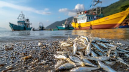 Dynamic composition of fish drying in the foreground,