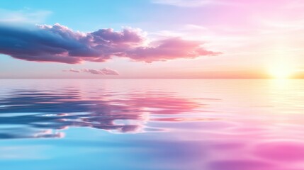 Fototapeta premium A beautiful sunset with clouds gently reflecting in the calm waters, coloring them in pink and blue tones.