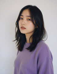 Fototapeta premium Contemplative Young Asian Woman in Purple Sweater Against a Neutral Background