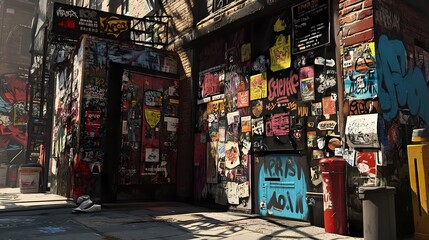 Fototapeta premium Urban Graffiti Alley: A Vivid Tapestry of Street Art and Decay