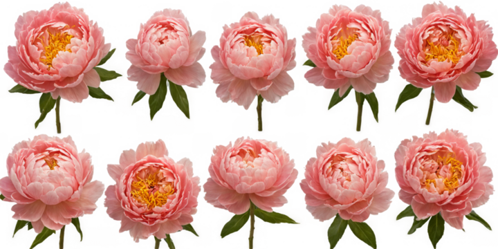 Collection nine different types peonies shades pink peach of soft pastel