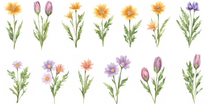 Collection nine illustrations different types flowers There are a of grunge