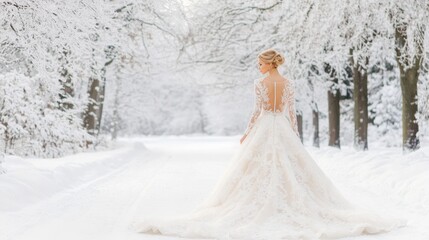 Bride in a delicate lace wedding gown holding a white floral bouquet, standing outside a rustic barn on a snowy winter day.