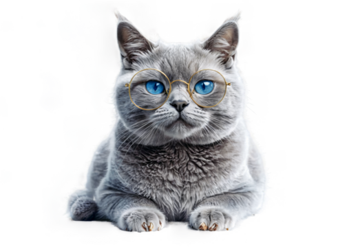 Digital illustration gray cat blue eyes sitting transparent a chuckling british shorthair