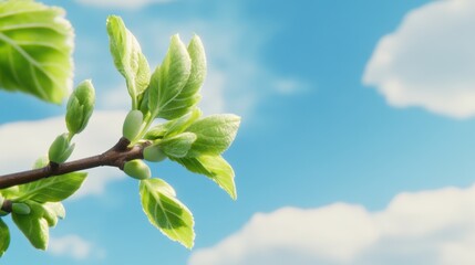 A vibrant green tree branch with fresh buds against a clear blue sky, symbolizing growth and renewal in spring.