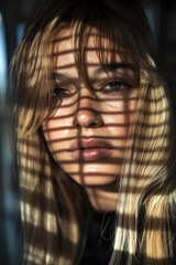 A captivating portrait of a young woman with golden hair, highlighted by beautiful shadows created by sunlight filtering through a striped pattern.