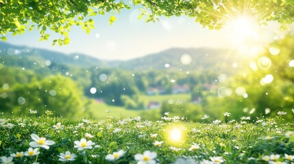 Obraz premium Idyllic Spring Landscape. Rolling Hills bathed in Golden Sunlight with Circular Bokeh Effect